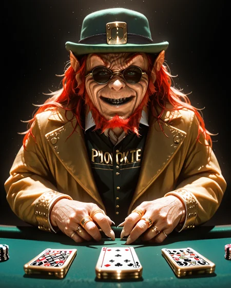 score_9, score_8_up, score_7_up, score_6_up, score_5_up, score_4_up, close up face, upper body, best quality, highly detailed, intricate details, extremely detailed, source_monster, subsurface scattering, detailed face, intricate, photograph, extremely detailed, (plays poker:1.5), luxury poker, <lora:Leprechaun_Illustrious:1>, 1eprehau1_n, solo,boy, gold watch, watch on hand, gold rings, wrinkled skin, gnome, (gold hoodie:1.3), gold baseball cap, (sunglasses:1.3), gold pants, gold shoes, black teeth, black lips, long hair (ponytail), red hair, beard, green eyes, no human, realistic, sunny weather, male, angry smile, smug, <lora:hand 4:1>,