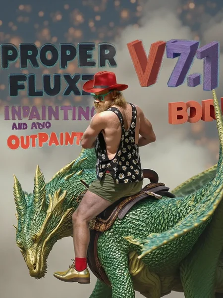 HD high quality cinematic fantasy movie photo of a man from behind, in a side view, wearing a cowboy hat and golden metallic yellow shoes, he is riding atop a massive green dragon outfitted with a sturdy saddle, the dragon left wing on the left side is clse to the foreground, the dragon is soaring through the skies, offers an exhilarating and majestic experience. The's powerful wings create gusts of wind as it glides, its emerald scales shimmering under the sunlight, while the saddle ensures a secure and comfortable seat for the rider. Letters are floating on the air wih text information "Proper Fux Inpainting and Ouptainting" and "V7.1"
ðï¸ [Inpainted with Loras]: <lora:Westeros_v3_rank16_bf16-step02485>\.safetensors:[^ ]*<lora:Sony_a7_III>\.safetensors:[^ ]*<lora:flux1-canny-dev-lora>
ð¯<lora:flux\Westeros_v3_rank16_bf16-step02485.safetensors:0.7:0.7>
<lora:flux\Sony_a7_III.safetensors:0.7:0.7>
<lora:syml\lorasym\Flux\flux1-canny-dev-lora.safetensors:0.55:0.55>