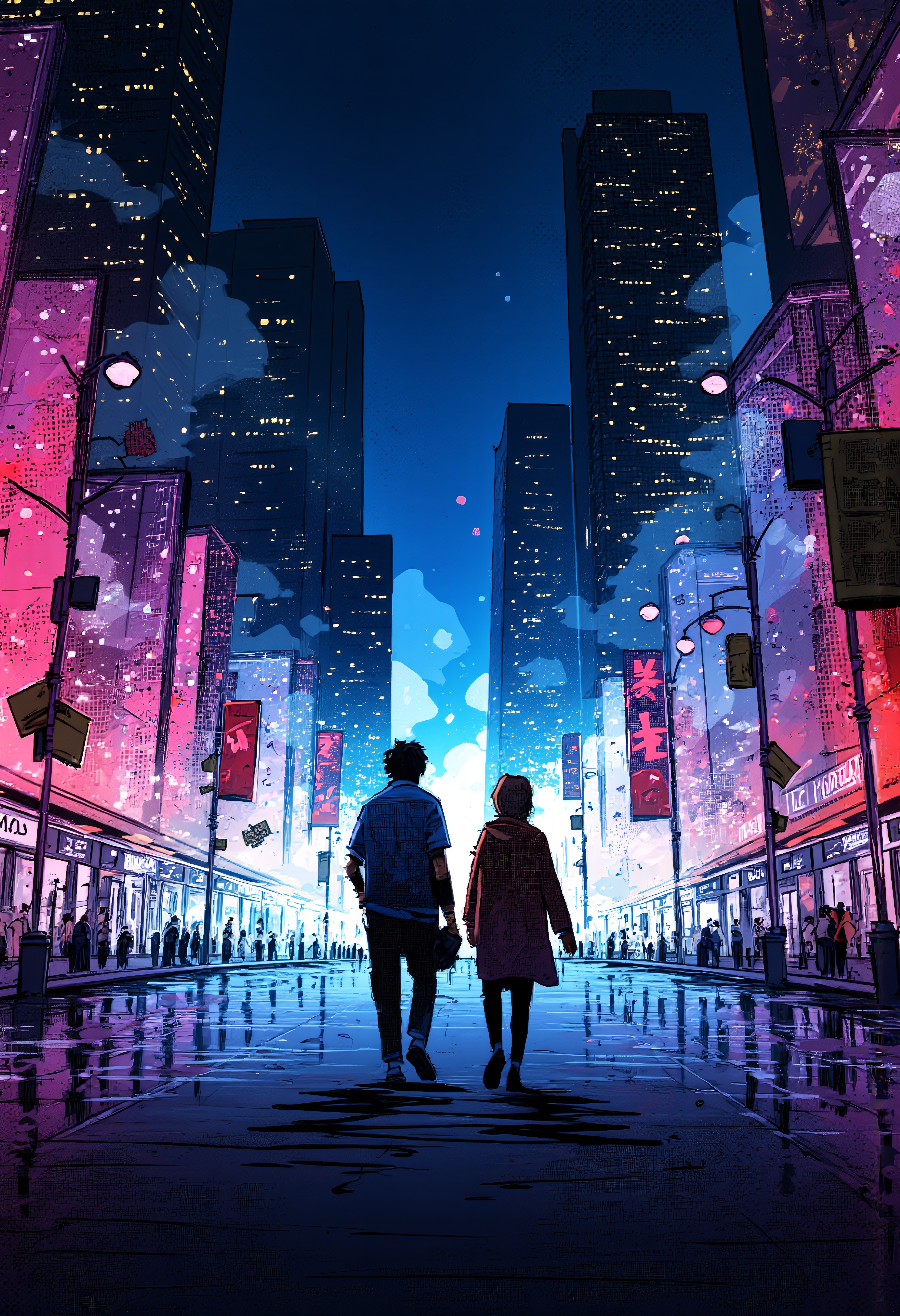 By Alex Vede, illustration, A couple walking in Time Square, illuminated by the bright lights of the city, colorful scenery, Landscape, Cityscape, vibrant glow