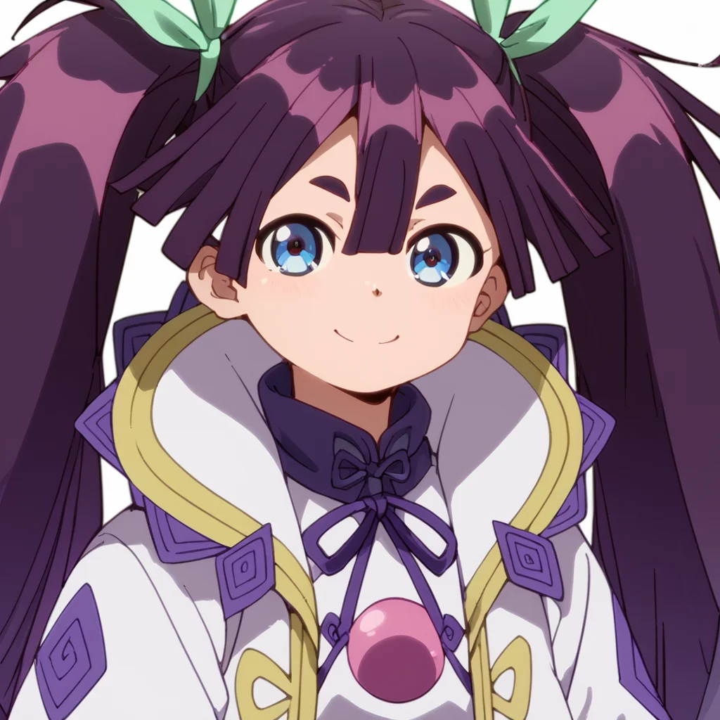 score_9, score_8_up, score_7_up, score_6_up, score_5_up, score_4_up, source_anime, Alka, long hair, blue eyes, twintails, purple hair, , smile, portrait, upper body