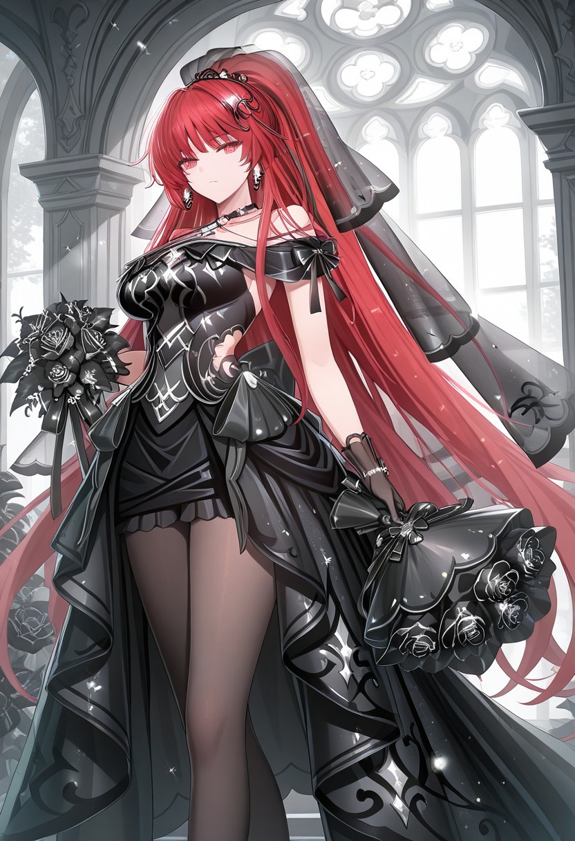 (masterpiece), best quality, amazing quality, very aesthetic, absurdres, newest, 1girl, solo, phantom saber red hair, red eyes, ponytail, veil, earrings, choker, black dress, black gloves, black pantyhose, black shoes, black flower, holding bouquet, arch