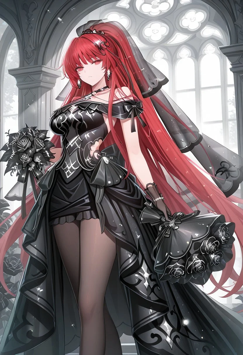 (masterpiece), best quality, amazing quality, very aesthetic, absurdres, newest, 1girl, solo, phantom saber red hair, red eyes, ponytail, veil, earrings, choker, black dress, black gloves, black pantyhose, black shoes, black flower, holding bouquet, arch