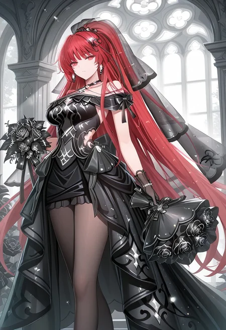 (masterpiece), best quality, amazing quality, very aesthetic, absurdres, newest, 1girl, solo, phantom saber red hair, red eyes, ponytail, veil, earrings, choker, black dress, black gloves, black pantyhose, black shoes, black flower, holding bouquet, arch