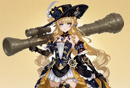 masterpiece, best quality, amazing quality, intricate details, dr3adsp1re, solo, looking at viewer, navia, fancy dress, ornate details, weapon, rocket launcher,
