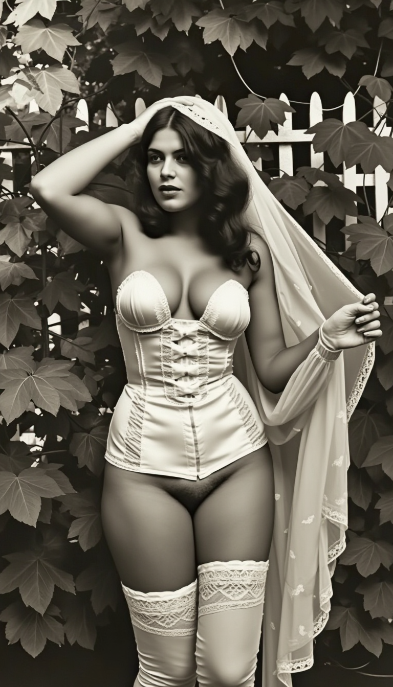 V1nt4g3.This is a black and white photograph from the late 19th or early 20th century, featuring of a young woman posing outdoors in a garden setting. She has a fair skin tone and long, straight, dark brown hair with a slight wave, styled in a cascading manner. She wears a provocative, light  satin corset that accentuates her large breasts, cinched waist, and curvy hips. The corset has white lace trim and a delicate bow at the center. She also wears matching light  garter belts attached to white lace thigh-high stockings, adding to her seductive allure. Her makeup is subtle, with a focus on accentuating her almond-shaped eyes and full lips. 

A long, sheer white veil, adorned with lace trim, cascades down her back, partially obscuring her shoulders and adding a bridal or ethereal touch. She also wears white lace gloves that extend up to her elbows, and her outfit includes a delicate, intricately designed garter belt and stockings. The background features lush green foliage, including leaves and a glimpse of a white fence, suggesting a serene, private garden setting. The sunlight filters through the leaves, casting soft shadows and highlighting her figure and the textures of her attire. The overall aesthetic is a blend of vintage bridal and modern lingerie-inspired fashion.