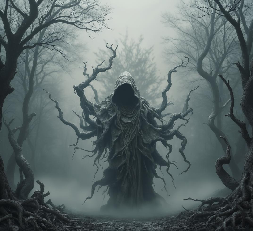 <lora:Cute_Collectibles.safetensors:1>
In the heart of a mist-shrouded forest, a figure stands alone, its form cloaked in a tattered, decrepit hood that seems to absorb the very light around it. Tendrils of fog, twisted and malevolent, swirl around the figure, their movement suggesting a life of their own. The hooded entity's presence is both ethereal and terrifying, its form composed of shadows and tendrils that stretch and contort in unnatural ways. The mist itself seems to recoil from the figure, as if afraid of what it might touch.
The background is a surreal, muted landscape of gray, where twisted trees rise like skeletal fingers, their branches gnarled and bare. The ground is covered in a soft, ashen layer that muffles any sound, creating an eerie silence that hangs heavy in the air. The entire scene is bathed in an otherworldly light, casting long, distorted shadows that dance and shift with a life of their own.
Behind the hooded figure, the fog thickens into a wall of swirling darkness, hinting at a hidden, ancient evil. The air is thick with the scent of decay and forgotten sorrows, and the atmosphere is one of profound dread and foreboding. The figure's presence is a focal point of tension, its form a symbol of the dark history and hidden fears that linger in this place.
The relationship between the figure and the environment is one of mutual dread and fascination. The forest seems to whisper warnings, its trees and shadows conspiring to create a sense of impending doom. The mist, once beautiful and haunting, now serves as a veil that conceals and distorts, adding to the unsettling aura of the scene.