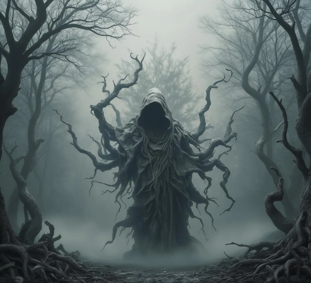 <lora:Cute_Collectibles.safetensors:1>
In the heart of a mist-shrouded forest, a figure stands alone, its form cloaked in a tattered, decrepit hood that seems to absorb the very light around it. Tendrils of fog, twisted and malevolent, swirl around the figure, their movement suggesting a life of their own. The hooded entity's presence is both ethereal and terrifying, its form composed of shadows and tendrils that stretch and contort in unnatural ways. The mist itself seems to recoil from the figure, as if afraid of what it might touch.
The background is a surreal, muted landscape of gray, where twisted trees rise like skeletal fingers, their branches gnarled and bare. The ground is covered in a soft, ashen layer that muffles any sound, creating an eerie silence that hangs heavy in the air. The entire scene is bathed in an otherworldly light, casting long, distorted shadows that dance and shift with a life of their own.
Behind the hooded figure, the fog thickens into a wall of swirling darkness, hinting at a hidden, ancient evil. The air is thick with the scent of decay and forgotten sorrows, and the atmosphere is one of profound dread and foreboding. The figure's presence is a focal point of tension, its form a symbol of the dark history and hidden fears that linger in this place.
The relationship between the figure and the environment is one of mutual dread and fascination. The forest seems to whisper warnings, its trees and shadows conspiring to create a sense of impending doom. The mist, once beautiful and haunting, now serves as a veil that conceals and distorts, adding to the unsettling aura of the scene.