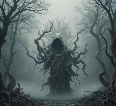 <lora:Cute_Collectibles.safetensors:1>
In the heart of a mist-shrouded forest, a figure stands alone, its form cloaked in a tattered, decrepit hood that seems to absorb the very light around it. Tendrils of fog, twisted and malevolent, swirl around the figure, their movement suggesting a life of their own. The hooded entity's presence is both ethereal and terrifying, its form composed of shadows and tendrils that stretch and contort in unnatural ways. The mist itself seems to recoil from the figure, as if afraid of what it might touch.
The background is a surreal, muted landscape of gray, where twisted trees rise like skeletal fingers, their branches gnarled and bare. The ground is covered in a soft, ashen layer that muffles any sound, creating an eerie silence that hangs heavy in the air. The entire scene is bathed in an otherworldly light, casting long, distorted shadows that dance and shift with a life of their own.
Behind the hooded figure, the fog thickens into a wall of swirling darkness, hinting at a hidden, ancient evil. The air is thick with the scent of decay and forgotten sorrows, and the atmosphere is one of profound dread and foreboding. The figure's presence is a focal point of tension, its form a symbol of the dark history and hidden fears that linger in this place.
The relationship between the figure and the environment is one of mutual dread and fascination. The forest seems to whisper warnings, its trees and shadows conspiring to create a sense of impending doom. The mist, once beautiful and haunting, now serves as a veil that conceals and distorts, adding to the unsettling aura of the scene.