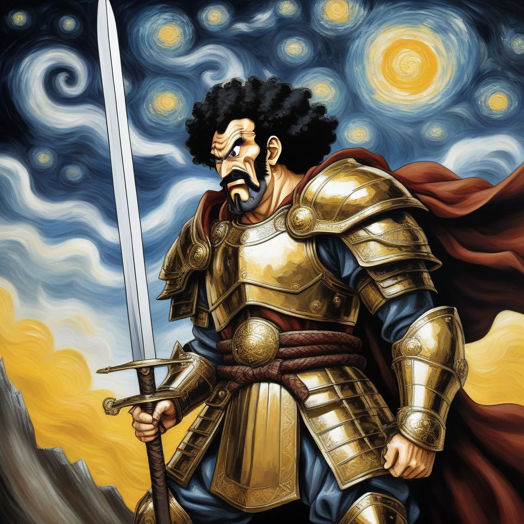 anime illustration by Akira Toriyama,Mr. Satan man, dragonborn knight,heavy armor,claymore sword, game of thrones, full length,dramatic oil painting by Van Gogh,<lora:mr_satan-000007:0.8>