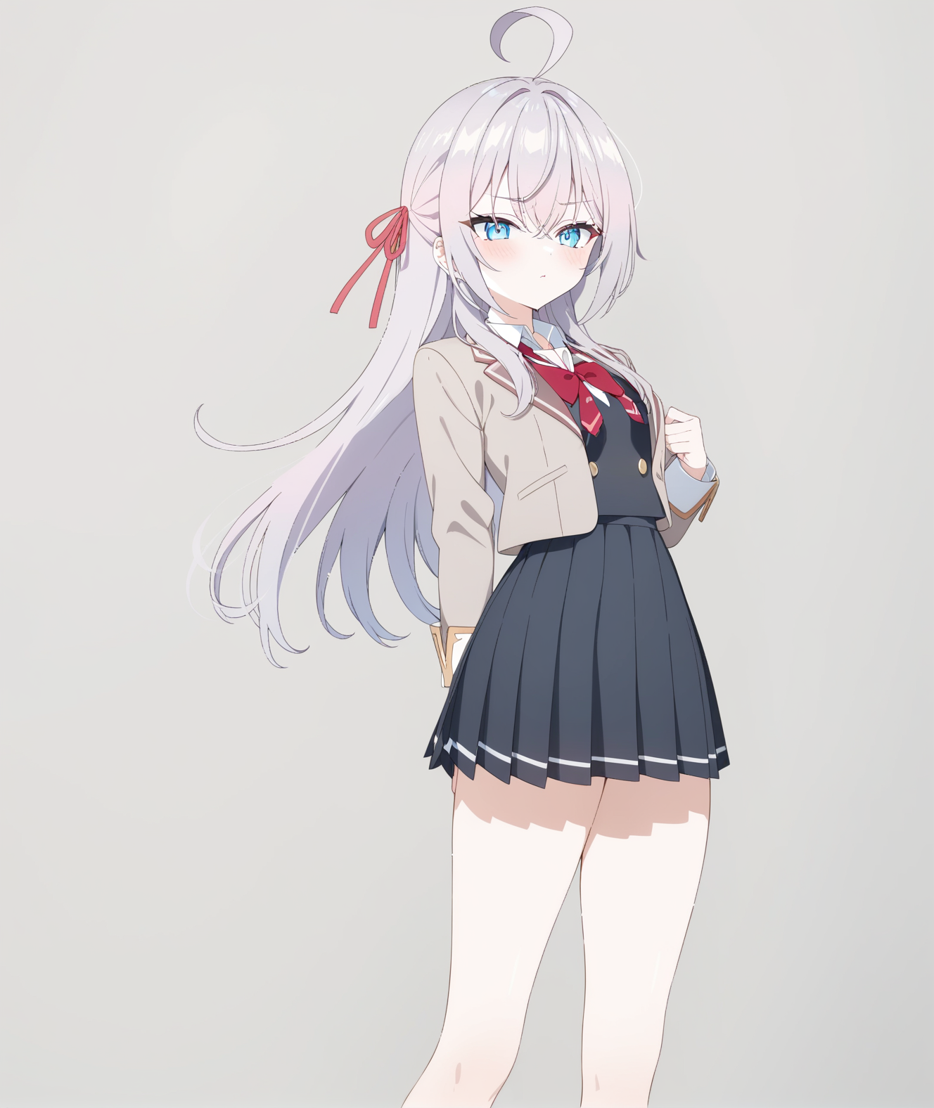<lora:tokidoki_bosotto_roshia-go_de_dereru_tonari_no_arya-san:1>, 1girl,alisa mikhailovna kujou,
Best quality,official art,standing, school uniform, simple background, 
masterpiece, newest, absurdres,