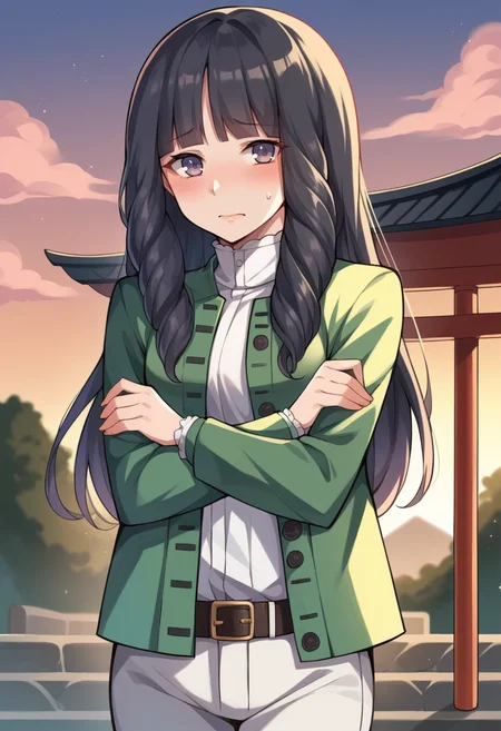 score_9, score_8_up, score_7_up, source_anime BREAK 1girl, solo,   <lora:zs_NagiXL:1> nagidsrk2, black hair, long hair, blunt bangs, drill hair, jacket, shirt, turtleneck, pants, belt, japanese shrine, sunset, looking at viewer, blush, embarrassed, cowboy shot, hands folded