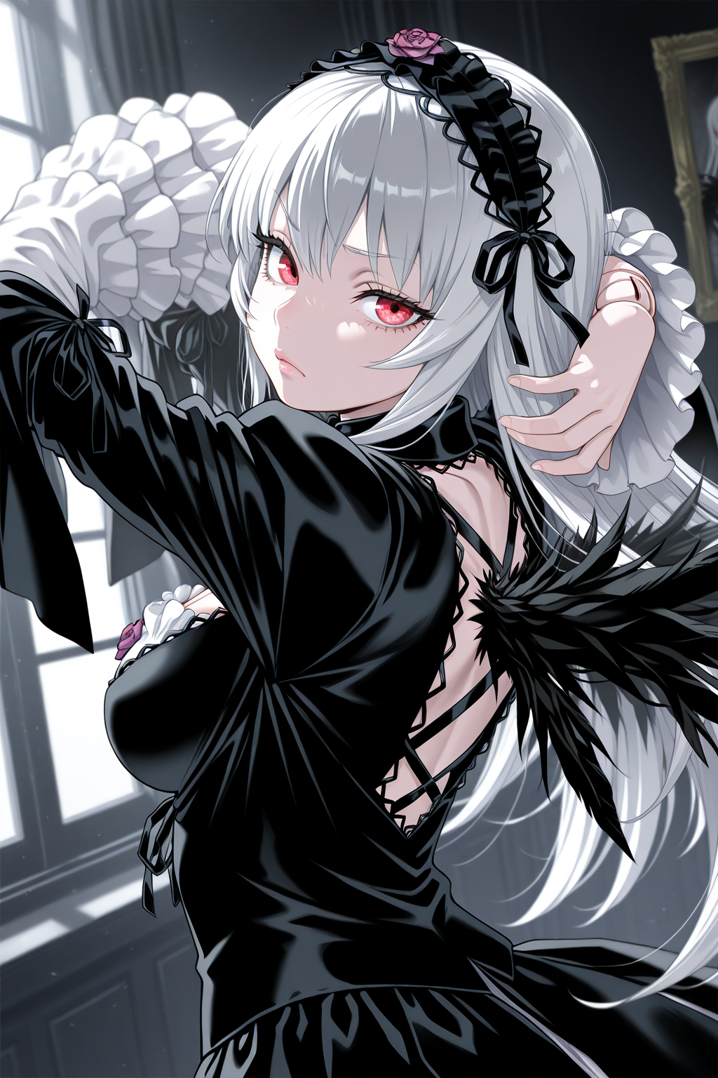 1girl, SuigintouRozenMaiden,
general, solo, dynamic angle, from behind, upper body,
long hair, white hair, red eyes,
lips, eyelashes, doll joints, pale skin,
hairband, detached collar, black ribbon, black dress,
breasts, cleavage,
frilled sleeves,
black wings, 
looking at viewer, arms behind head, frown,
black theme, indoors,
<lora:kp_SuigintouRozenMaidenIllustrious_v1_0:1.0>,
masterpiece, best quality, amazing quality