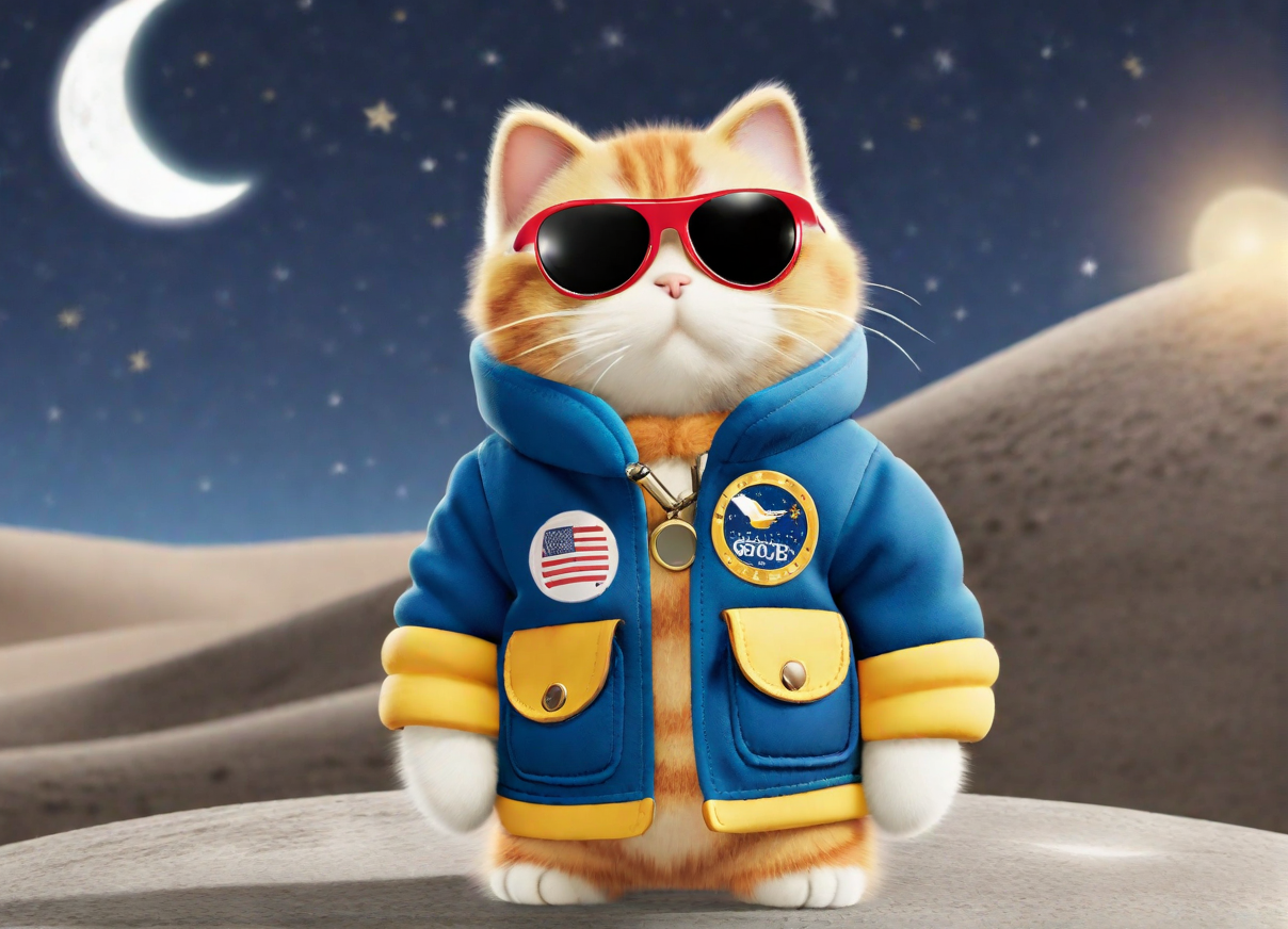 party animals style,  a cat wearing a jacket and sunglasses, standing  on the moon land<lora:PartyAnimals_1.0:0.8>