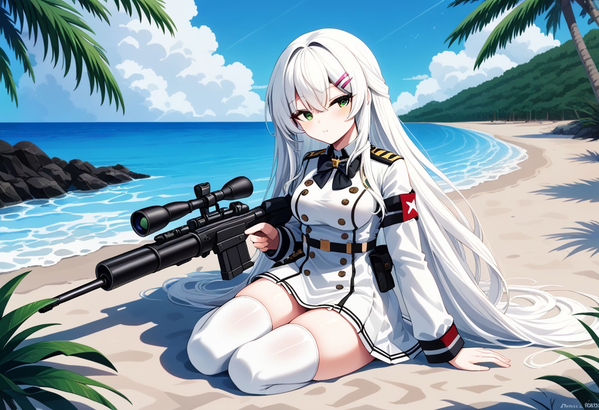 outdoors, sit down, green eyes, beach, thighhighs, half eye closed, white haired girl, strip hair clips, white sniper uniform outfit,full body shot,bowtie ribbon,expresionless,sniper elite girl on vacation,IWS 2000 sniper riffle