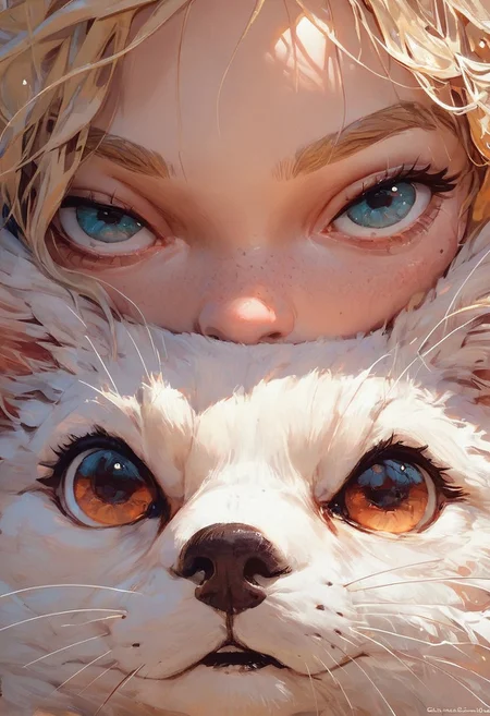 score_9, score_8_up, score_7_up, score_6_up, score_5_up, animalclose-up, 1girl and a Spix's macaw, the girl is blonde, the Spix's macaw is a blue,