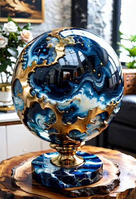 zephyr epoxy sphere sculpture, hight refract, amazing, composition, [roses : gold], epoxy Live edge, hight quality, (((masterpiece))) , (hight detailed)  <lora:add-detail-xl:1> blue polished marble