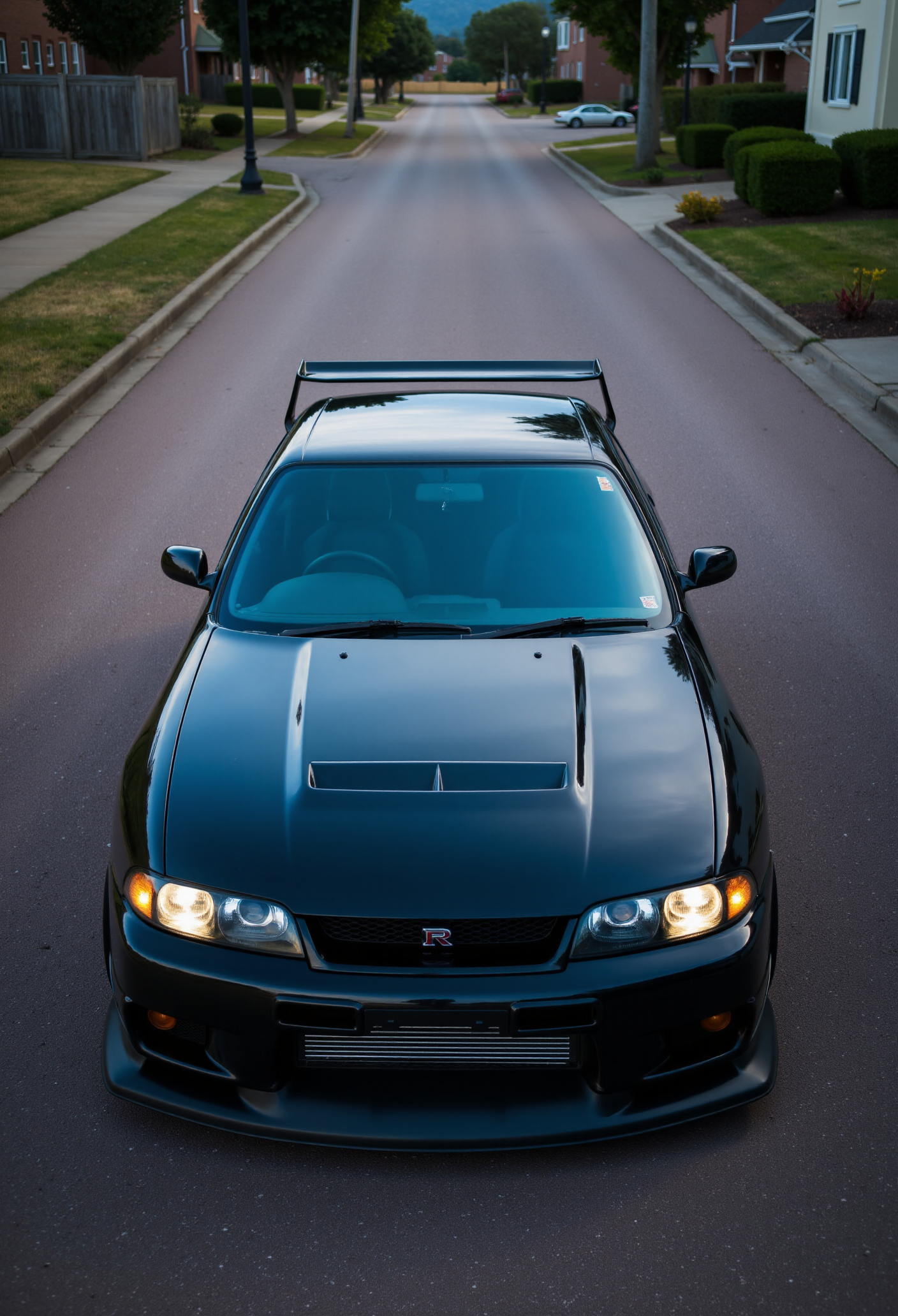 <lora:Nissan_Skyline_GT-R_R33:0.8>  A slightly from above eye level of a modified Nissan Skyline GT-R R33 in all its shining glory. Mirror-like, glossy finish.