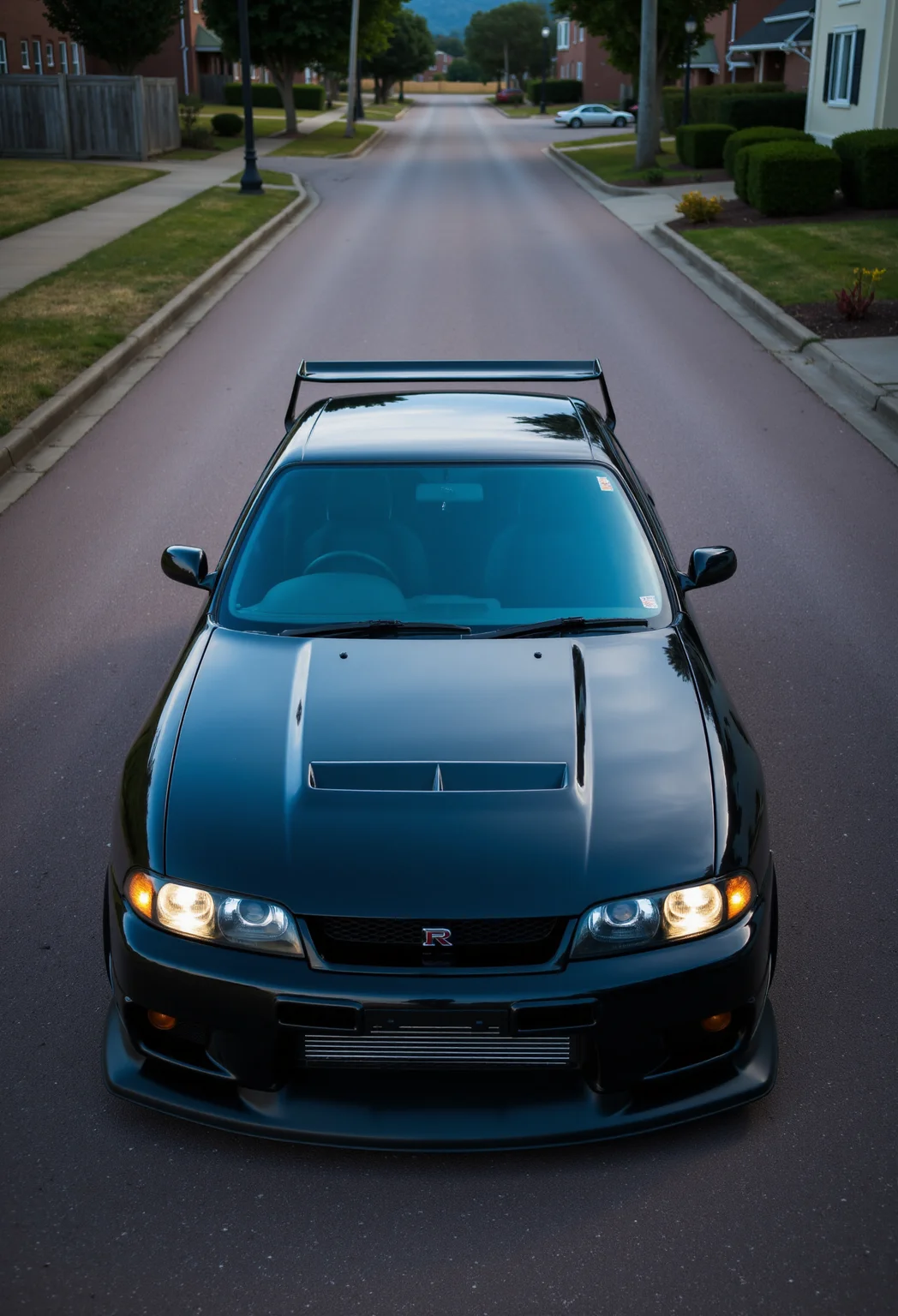 <lora:Nissan_Skyline_GT-R_R33:0.8>  A slightly from above eye level of a modified Nissan Skyline GT-R R33 in all its shining glory. Mirror-like, glossy finish.