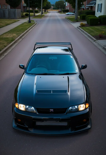 <lora:Nissan_Skyline_GT-R_R33:0.8> A slightly from above eye level of a modified Nissan Skyline GT-R R33 in all its shining glory. Mirror-like, glossy finish.
