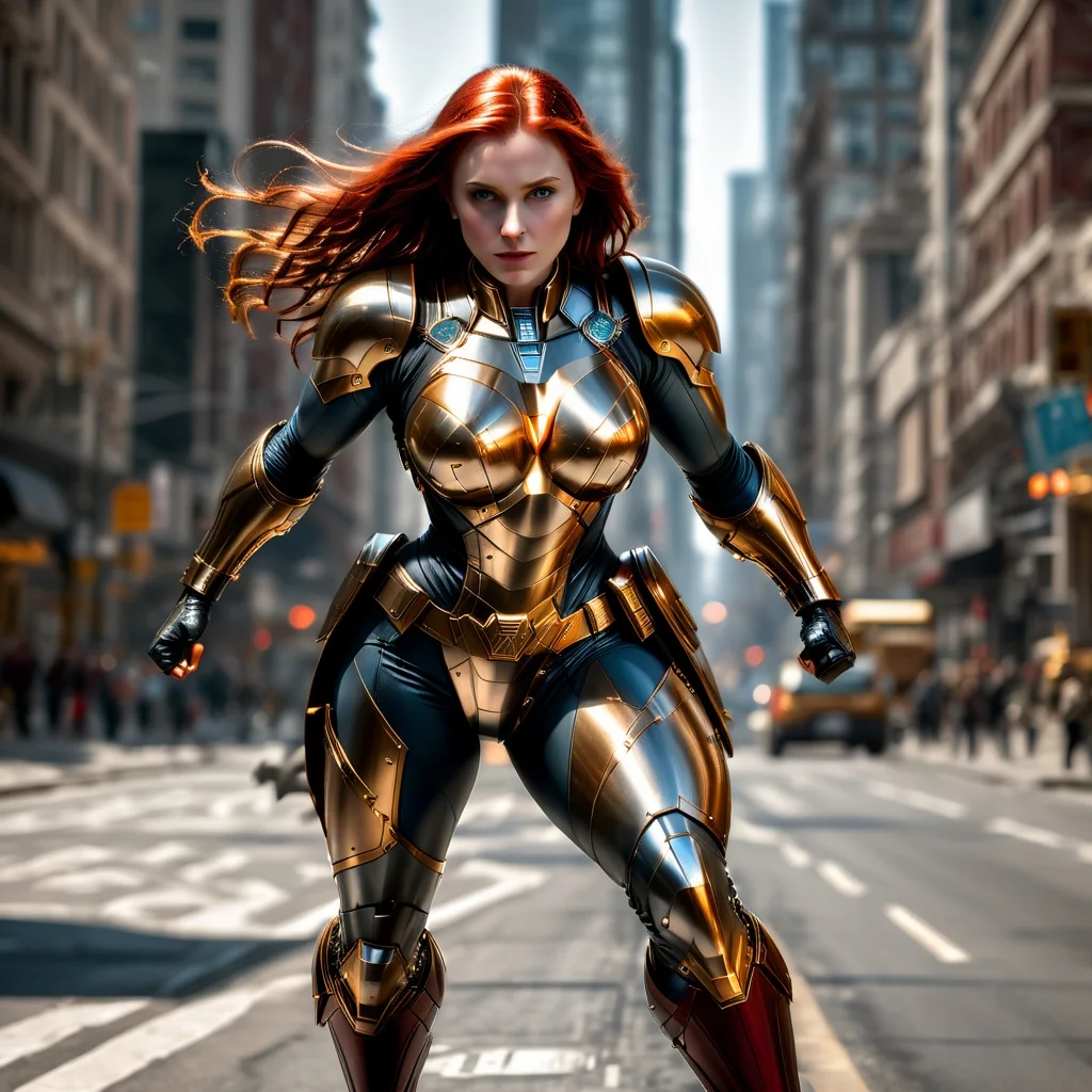 <lora:faces_v3:0.8> beautiful 1girl, <lora:PerfectEyesXL:0.8> perfecteyes, superhero, tight bodysuit, chest cutout, red gold chest emblem, Large breasts, long Rich copper red hair, fit, power armor, vambrance, gauntlets, long cape, Fighting 1boy villain, in power armor,mutanton a city street, full body,  <lora:add-detail-xl:0.8>  power pose, 8k, photograph, realistic, highres, reality, Volumetric Lighting, wide_shot, full body, depth of field, <lora:SDXL_Superhero:0.8> <lora:EnvyActionShotXL01:0.5>