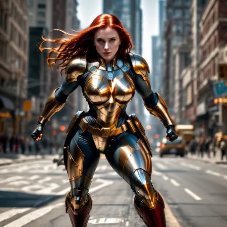 <lora:faces_v3:0.8> beautiful 1girl, <lora:PerfectEyesXL:0.8> perfecteyes, superhero, tight bodysuit, chest cutout, red gold chest emblem, Large breasts, long Rich copper red hair, fit, power armor, vambrance, gauntlets, long cape, Fighting 1boy villain, in power armor,mutanton a city street, full body, <lora:add-detail-xl:0.8> power pose, 8k, photograph, realistic, highres, reality, Volumetric Lighting, wide_shot, full body, depth of field, <lora:SDXL_Superhero:0.8> <lora:EnvyActionShotXL01:0.5>