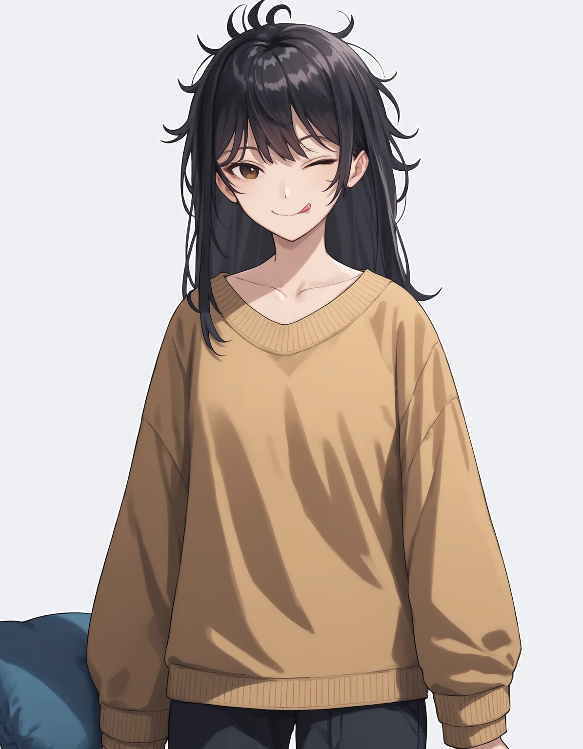score_9,score_8_up,score_7_up,sweater,smile,white background,simple background,thighs,
<lora:ruyueyiyu_pony3:0.7>,ruyueyiyu,1girl,solo,black hair,bangs,long hair,collarbone,brown eyes,messy hair,anime screencap,<lora:Anime_Screencap:1>,koakuma,cushion,tongue_out,wink,arm_held_back,winter_clothes,