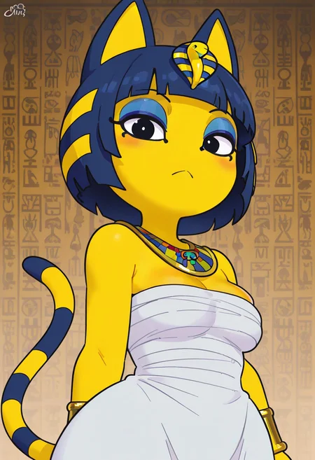 cartoony style, cartoon, flat color, bright colors, vivid colors,
1girl, ankha (furry, furry female, cat girl, tail, cat tail, striped tail, black eyes, animal ears, cat ears, blue hair, short hair, blunt bangs, colored skin, yellow skin, no nose, eye of horus, eyeliner, eyelashes, blue eyeshadow, makeup) (sarashi, white dress, dress, sleeveless dress, sleeveless, ancient egyptian clothes, usekh collar, gold bracelet, hair ornament, snake hair ornament, jewelry, bandages, bandaged chest, naked bandage), thick body, shortstack,
BREAK
face closeup, upper body shot, extreme closeup, looking at viewer,