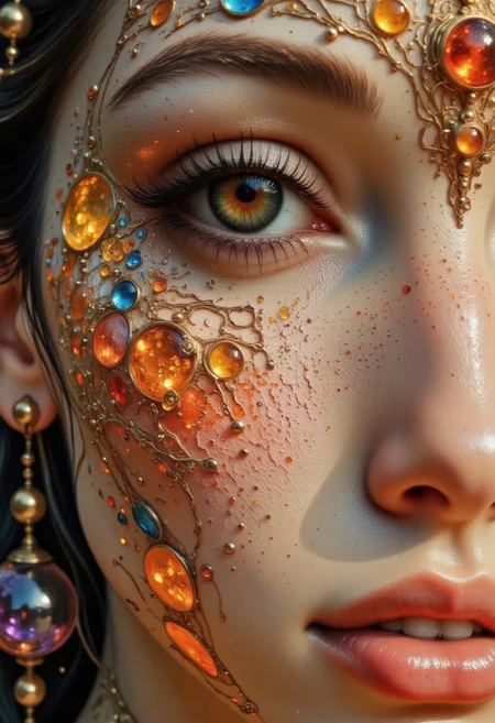 An ultra close-up portrait of a woman’s face, filling the entire frame, leaving no visible background. Her skin is not flesh but an intricate mosaic of delicate, small stained glass panels, each piece a shimmering array of sapphire blues, fiery oranges, and amethyst purples. The glass is smooth, flawless, and seamlessly fitted, reflecting soft, ambient light that dances across the curved contours of her cheeks, nose, and brow. Her eyes are pure liquid gold, shifting and flowing like sunlit honey, glowing faintly from within. The light inside her irises moves hypnotically, creating a mesmerizing sense of depth. Each blink is slow and deliberate, as if time itself lingers in her gaze. Her lips are translucent, infused with deep ruby and amber hues, their surface polished like molten glass. When she parts them slightly, the sound of wind chimes fills the air, delicate and melodic, as though her breath carries a faint celestial resonance. The stained glass panels shift in tone as light passes through, casting fleeting reflections of color onto her own features. Tiny, golden filaments run along the edges of each glass piece, forming an intricate network of organic, vein-like patterns that pulse faintly, as if carrying a hidden energy within. The soft glow from within her face creates a dreamlike, ethereal quality, giving the impression that she is not entirely of this world—part divine artifact, part living being.