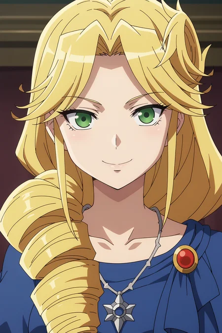 score_9, score_8_up, score_7_up, source anime, prefect lighting, very aesthetic, BREAK, anime screencap, anime coloring,
<lora:lakyus_overlord_v1-pdv6:0.9>, 1girl, lakyus alvein dale aindra, overlord \(maruyama\), blonde hair, green eyes,
lakyusout2, blue dress, necklace, drill hair,
BREAK, smile, looking at viewer, close-up,
BREAK,