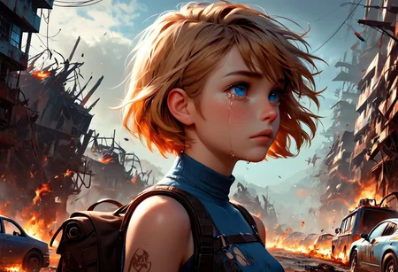 1girl, Masterpiece, 4k, ultra high detail, score_9, score_8_up, score_8, 18yo, petite, medium breast, short blonde hair, fcNeg, stunning blue eyes, freckles, white skin, small nose, innocent beauty, slim face, skinny petite body,
Torn sport clothes
Fear in her eyes, crying,
Sideview, Apocalyptic scene, burning skyscraper, burning city, derstroyed cars, a huge asteroid swarm in the sky,
Many asteroids in the sky,
End of the World,
negative_hand, NightScapes,