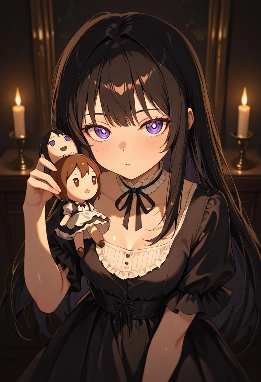 masterpiece, best quality, good quality, very aesthetic, absurdres, newest, 8K, depth of field, in the style of cknc, artist:moriimee, in the style of cksc,
1girl, porcelain skin, long black hair, curled, violet eyes, small breasts, perky, frilled dress, glossy skin, holding puppet, looking at viewer, from front
BREAK
victorian parlor, wooden dolls, candlelight flickering
BREAK
warm light, soft colors, high contrast, eerie shadows, rich details, unsettling vibe