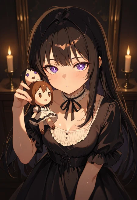 masterpiece, best quality, good quality, very aesthetic, absurdres, newest, 8K, depth of field, in the style of cknc, artist:moriimee, in the style of cksc,
1girl, porcelain skin, long black hair, curled, violet eyes, small breasts, perky, frilled dress, glossy skin, holding puppet, looking at viewer, from front
BREAK
victorian parlor, wooden dolls, candlelight flickering
BREAK
warm light, soft colors, high contrast, eerie shadows, rich details, unsettling vibe