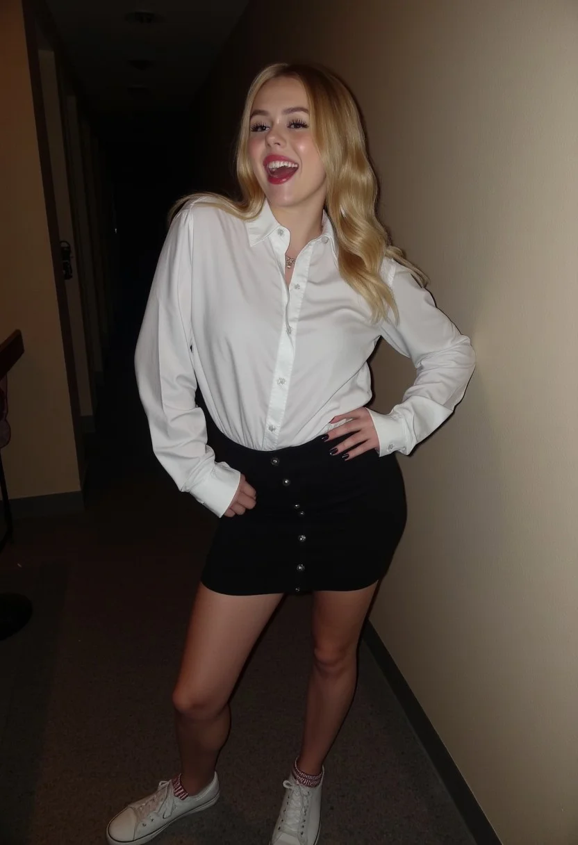 amateur photo, low-lit, overexposure, Low-resolution photo, shot on a mobile phone, nighttime, noticeable noise in dark areas. young woman, 18 yo (european:1.6) girl , grey eyes, slim, small breasts, skinny, thin, petite blonde, grey eyes, long hair, dark eyeliner, natural lip color, white shirt, pencil miniskirt, nylon tighs, sneakers, seductive pose, right. Girl laughs, standing seductive,The background shows school corridor, muted color tones.
.