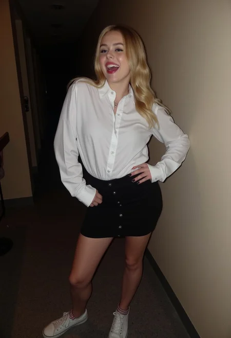amateur photo, low-lit, overexposure, Low-resolution photo, shot on a mobile phone, nighttime, noticeable noise in dark areas. young woman, 18 yo (european:1.6) girl , grey eyes, slim, small breasts, skinny, thin, petite blonde, grey eyes, long hair, dark eyeliner, natural lip color, white shirt, pencil miniskirt, nylon tighs, sneakers, seductive pose, right. Girl laughs, standing seductive,The background shows school corridor, muted color tones.
.