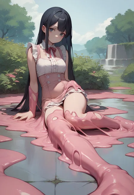 score_9, score_8_up, score_7_up, score_6_up, source_anime, <lora:slime_v0.1-pony:1>
1girl, long hair, black hair, short dress, frills, outdoors, looking at viewer,
pink slime, on floor,