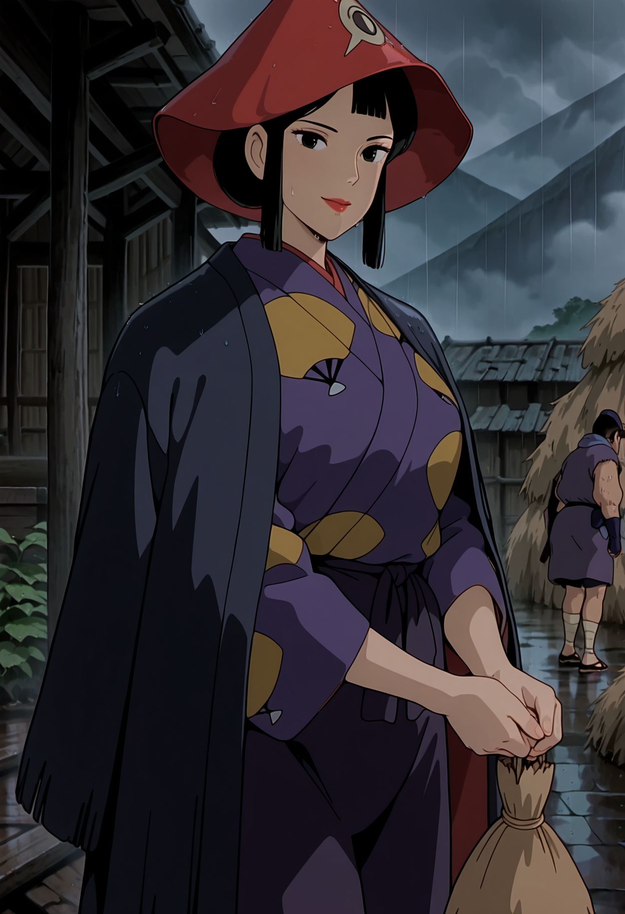 masterpiece,best quality,amazing quality,very aesthetic,absurdres,newest, huge filesize,
<lora:spo_sdxl_10ep_4k-data_lora_webui:0.5>,
<lora:add-detail-xl:1>mononoke hime, official art, 
1girl,eboshi,mature female,black hair,black eyes,lipstick,anime coloring,
kimono,cowboy shot, hat,rain,standing,outdoors,looking at viewer, smile
,masterpiece,best quality,amazing quality,<lora:Eboshi_Gozen-Mononoke_Hime_ix:0.8>
BREAK
ashitaka, 1boy,