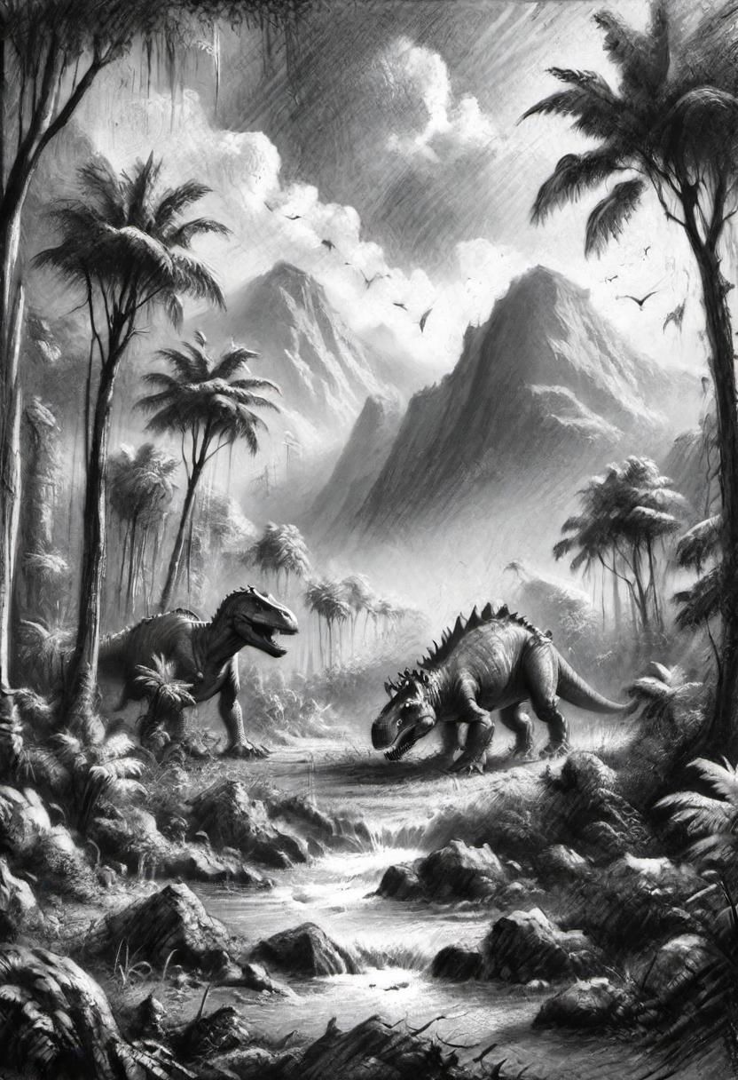 (masterpiece), 
A jurassic park landscape, 
Black and white tones,
HDR, highly detailed, 32k, 
looking at viewer,