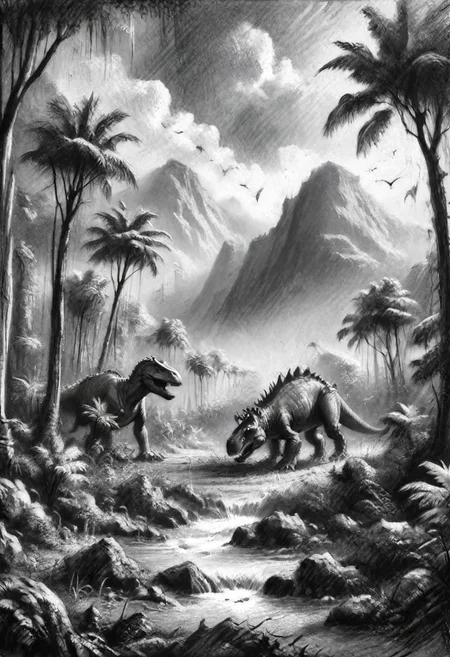 (masterpiece), 
A jurassic park landscape, 
Black and white tones,
HDR, highly detailed, 32k, 
looking at viewer,