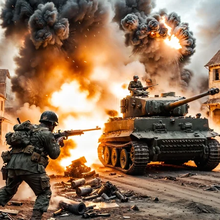 a cinematic ww2 style shot of german soldiers shooting their rifles, fighting a big (tgrtnk) tank driving and smoking, war scene with explosions and smoke in background, bosstyle, 8k, UHD, DSLR, insane details, film grain, award-winning photo, <lora:XL_Boss_Battle_-_By_HailoKnightV2:1>, <lora:Cinematic ww2 style:0.5>, <lora:Tiger_Tank_SDXL:0.6>, <lora:detailed_notrigger:0.5>, <lora:Action_Films_XL_V1:0.5>, action films