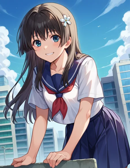 score_9, score_8_up, score_7_up, source_anime,
satenruiko, <lora:saten-ruiko-ponyxl-lora-nochekaiser:1>,
saten ruiko, black hair, blue eyes, long hair, hair ornament, flower ornament, smile,
blue skirt, pleated skirt, sakugawa school uniform, school uniform, serafuku, skirt, summer uniform,
outdoors, cityscape, bent over,
looking at viewer, cowboy shot, dutch angle,