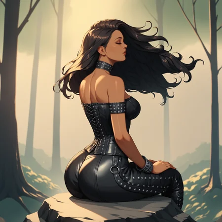 1boy,score_9,score_8_up,score_7_up,score_6_up,score_5_up,1girl, solo, cute,oblivionarts (mature female) sitting on rock in dark forest, curvy, dark skin, dreads,leather corset,dark fantasy, leather garment, sholderpads, studded leather, close up, tilted head,closed eyes, god rays, choker, bare shoulders, looking up, leather bracelets, floating hair, flowing hair, trees, close up, big butt
<lora:Oblivion:0.9>