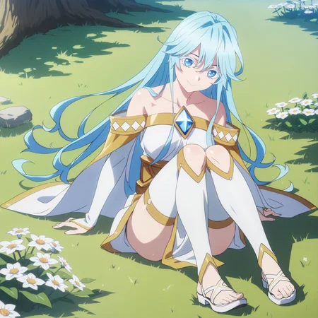score_9, score_8_up, score_7_up, score_6_up, score_5_up, score_4_up, anime screencap
BREAK
elfaria_olis, 1girl, solo, light blue hair, long hair, colored eyelashes, blue eyes, chest jewel, off-shoulder dress, yellow sash, side cape, bridal gauntlets, pelvic curtain, white thighhighs, white footwear, looking at viewer, smile, closed mouth, knees up
BREAK
wind, wind lift, grass
<lora:elfaria_Wistoria_ponyxl_v1_char:1> <lora:elfaria_Wistoria_ponyxl_v1_style:1>