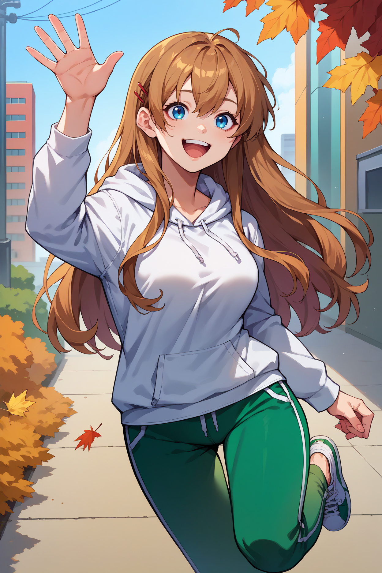 score_9, score_8_up, score_7_up, score_6_up, source_anime, 1girl, solo,  <lora:hiiragiasuka-pdxl-nvwls-v1-000005:1> txasuka, long hair, brown hair, blue eyes, hairpin, white hoodie, breasts, arm up, waving, looking at you, green pants, city, autumn, happy, open mouth, sneakers, wide shot, full body