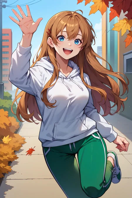 score_9, score_8_up, score_7_up, score_6_up, source_anime, 1girl, solo, <lora:hiiragiasuka-pdxl-nvwls-v1-000005:1> txasuka, long hair, brown hair, blue eyes, hairpin, white hoodie, breasts, arm up, waving, looking at you, green pants, city, autumn, happy, open mouth, sneakers, wide shot, full body