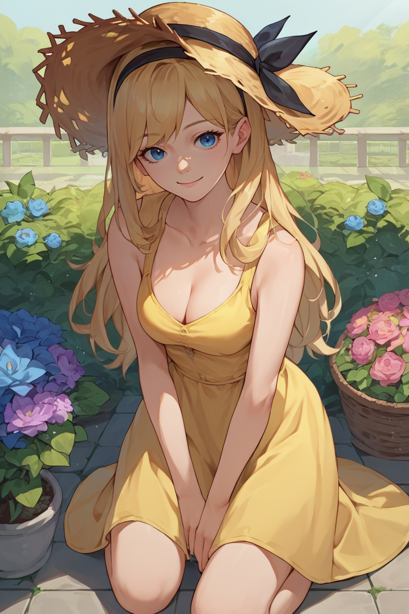 score_9, score_8_up, score_7_up, score_6_up, source_anime, 1girl, solo, <lora:lux-pdxl-nvwls-v1-000005:1> deflux, blonde hair, blue eyes, long hair, black hairband, straw hat, yellow sundress, garden, kneeling, looking at you, smile, cleavage