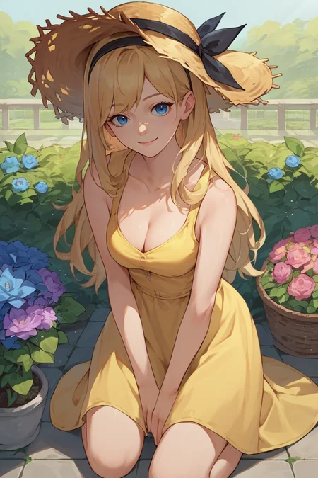 score_9, score_8_up, score_7_up, score_6_up, source_anime, 1girl, solo, <lora:lux-pdxl-nvwls-v1-000005:1> deflux, blonde hair, blue eyes, long hair, black hairband, straw hat, yellow sundress, garden, kneeling, looking at you, smile, cleavage
