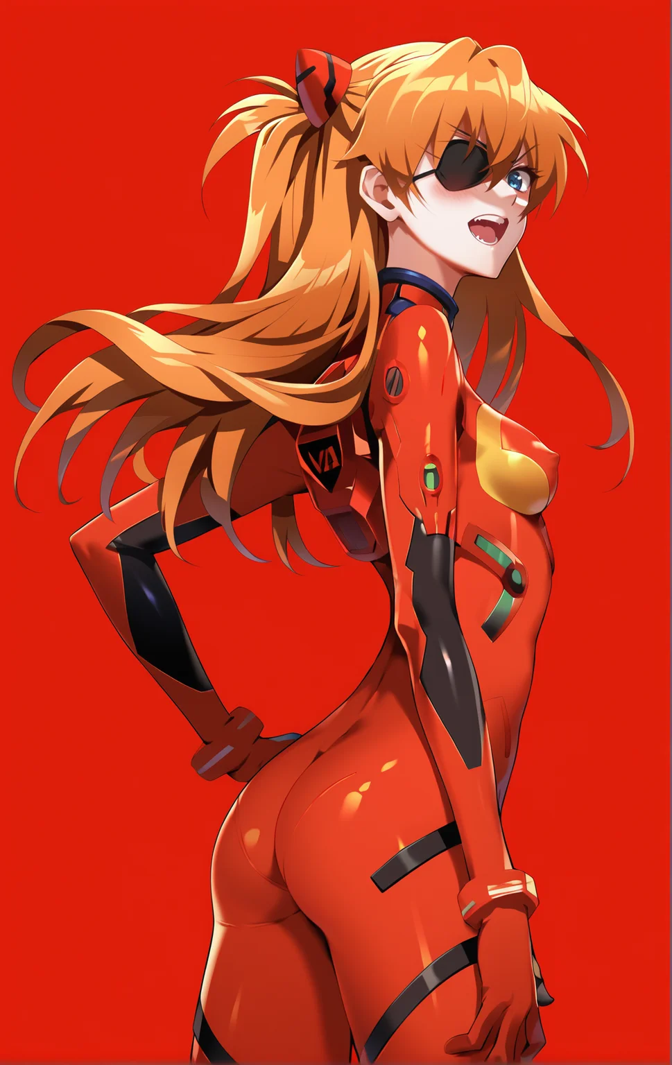 score_9, score_8_up, score_7_up, score_6_up,
<lora:jijia-pony-Tanger-000006:0.8>,jijia, 2d, anime, neon genesis evangelion, 1girl, souryuu asuka langley, eyepatch, long hair, solo, ass, plugsuit, breasts, open mouth, blue eyes, bodysuit, pilot suit, bangs, simple background, looking at viewer, from side, hand on hip, turtleneck, looking back, cowboy shot, covered nipples, two side up, blush, skin tight, standing, gloves, red background, hand on own thigh, twisted torso, headgear, medium breasts, small breasts, hair between eyes, orange hair, shiny, :o, legs apart, angry, brown hair, shiny clothes, teeth, hair ornament, red bodysuit, v-shaped eyebrows, arched back, bracer,an anime girl with long hair and big eyes,a lady in a red and black outfit has her hand on her hip