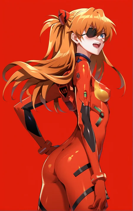 score_9, score_8_up, score_7_up, score_6_up, 
<lora:jijia-pony-Tanger-000006:0.8>,jijia, 2d, anime, neon genesis evangelion, 1girl, souryuu asuka langley, eyepatch, long hair, solo, ass, plugsuit, breasts, open mouth, blue eyes, bodysuit, pilot suit, bangs, simple background, looking at viewer, from side, hand on hip, turtleneck, looking back, cowboy shot, covered nipples, two side up, blush, skin tight, standing, gloves, red background, hand on own thigh, twisted torso, headgear, medium breasts, small breasts, hair between eyes, orange hair, shiny, :o, legs apart, angry, brown hair, shiny clothes, teeth, hair ornament, red bodysuit, v-shaped eyebrows, arched back, bracer,an anime girl with long hair and big eyes,a lady in a red and black outfit has her hand on her hip