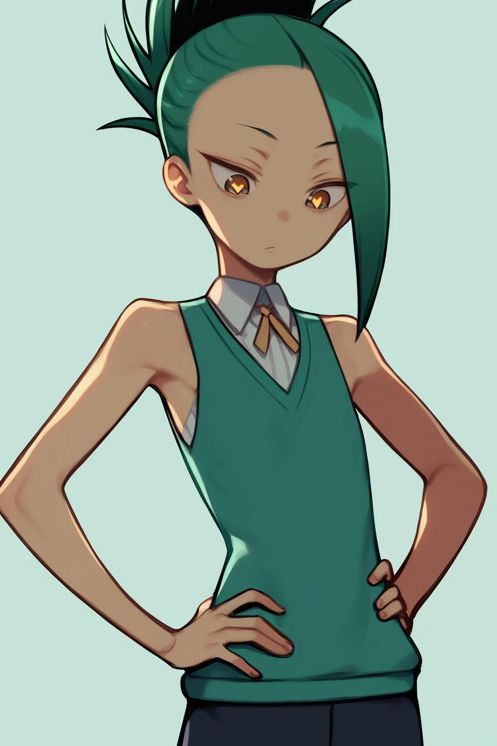 score_7_up, high resolution, 1girl, looking down, hands_on_hip, heart-shaped eyes, dark green hair, hair slicked back, heavy fringe, golden eyes, flat chest, light green sweater vest <lora:kuroboshi_kouhaku_PonyXL_style_v01.09:1>