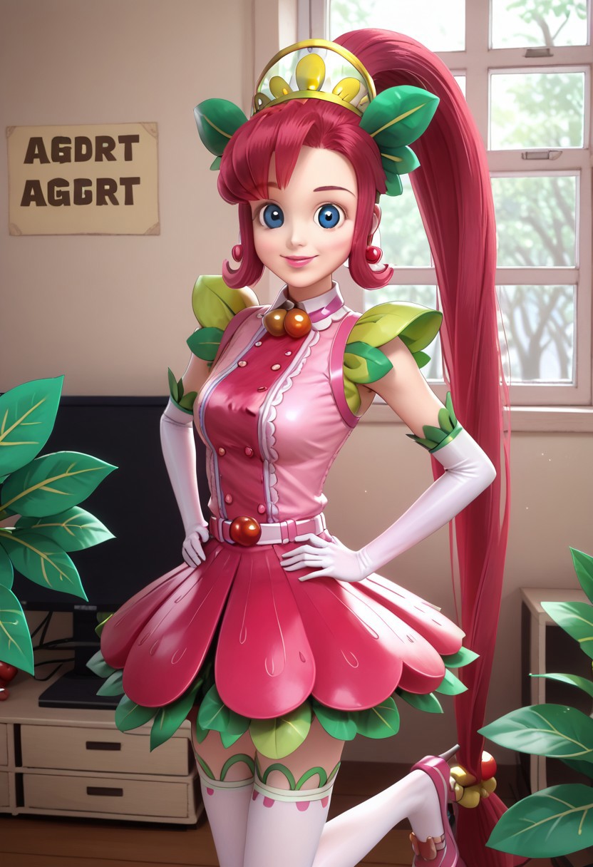 score_9, 1girl, Solo, SugarPang_HI, beige skin, blue eyes, raspberry hair, raspberry eyebrows, pink lips, very long hair, high curved ponytail, red metallic earrings, lemon tiara with leafs, white collar, metallic orange spheres necklace, white belt with a strawberry symbol, pink and hot pink top with buttons and stripes, sleeves fruit leafs, long white gloves, pink petal skirt, long white pantyhose, dark pink heels with leafs, standing, smile, hands on hips, looking at viewer, cowboyshot